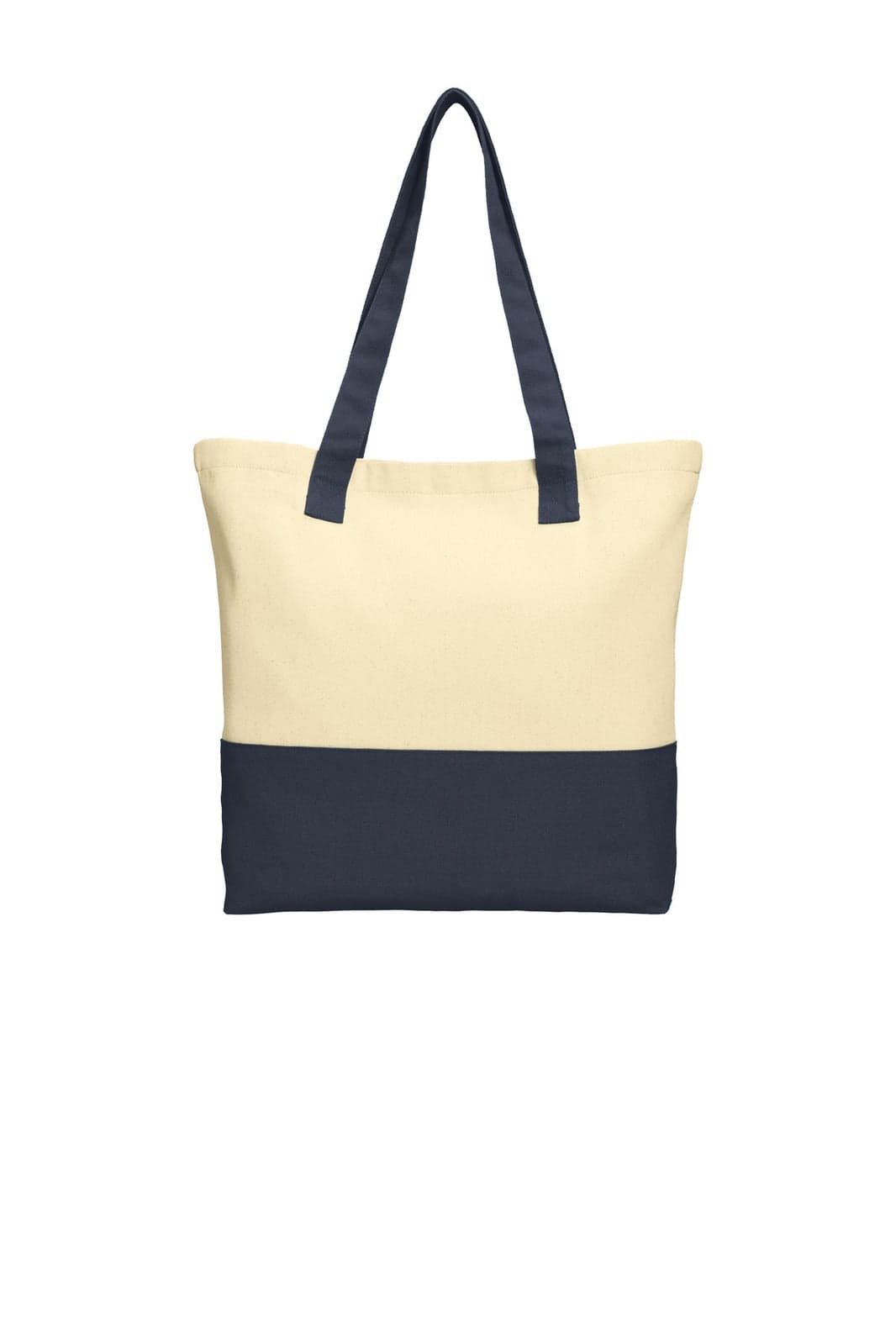 A cream and navy tote bag with sturdy handles and a logo on the front.