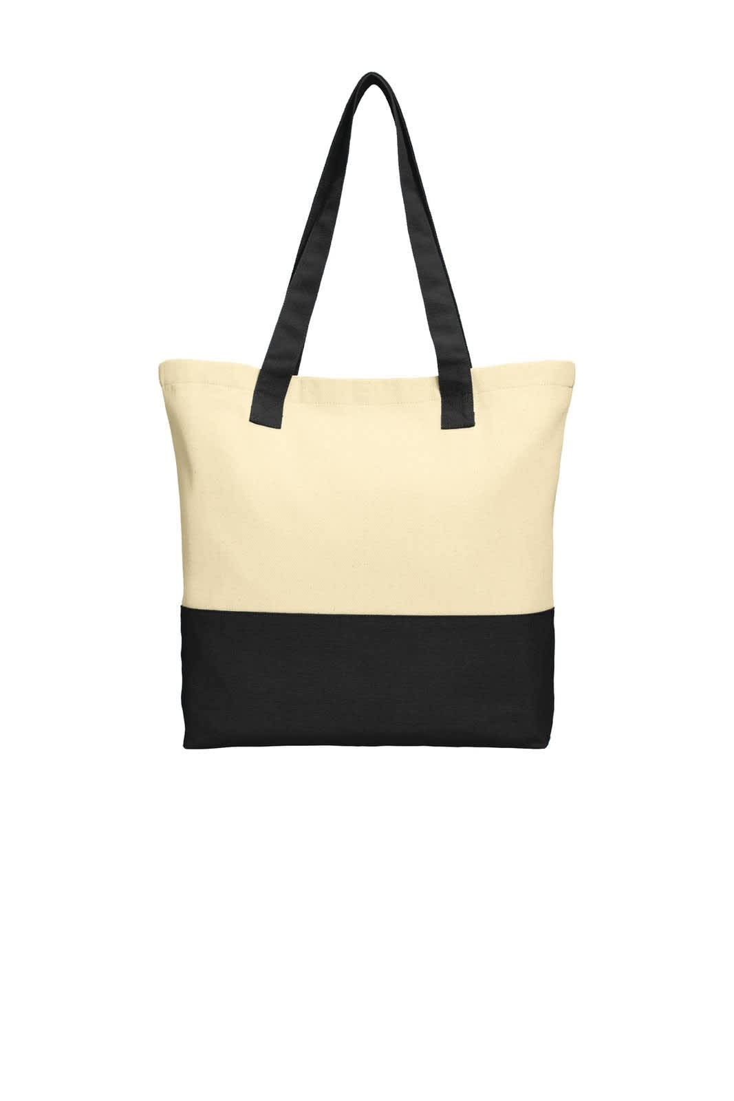 A colourblock cotton tote bag in cream and black, featuring two sturdy black handles and a simple design.