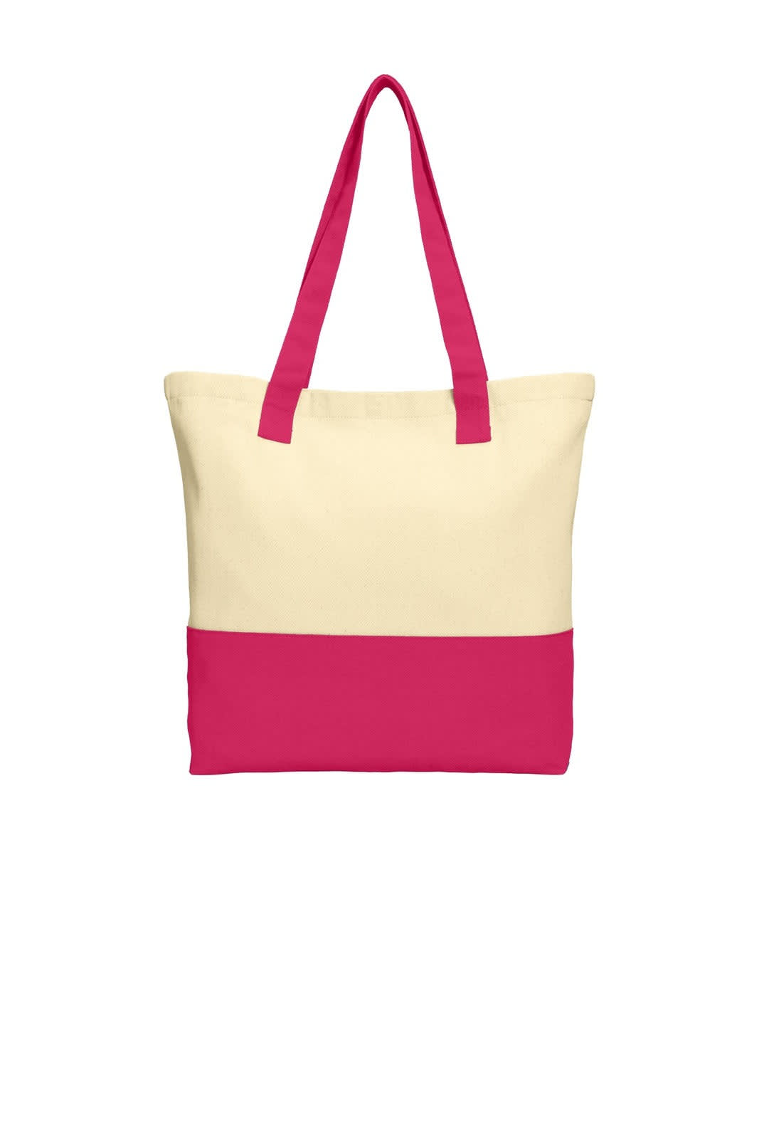 A tote bag with a cream upper section and a vibrant pink lower section, featuring two shoulder straps.
