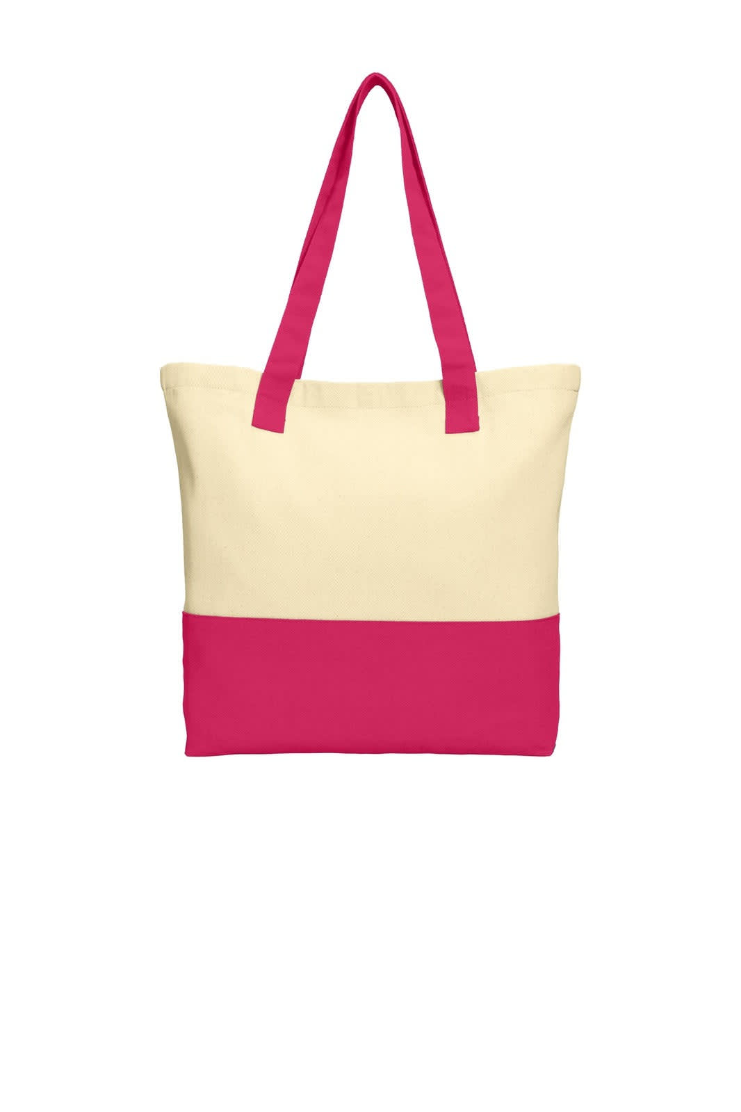 A tote bag featuring a natural cream body with a pink bottom and straps, adorned with a logo.