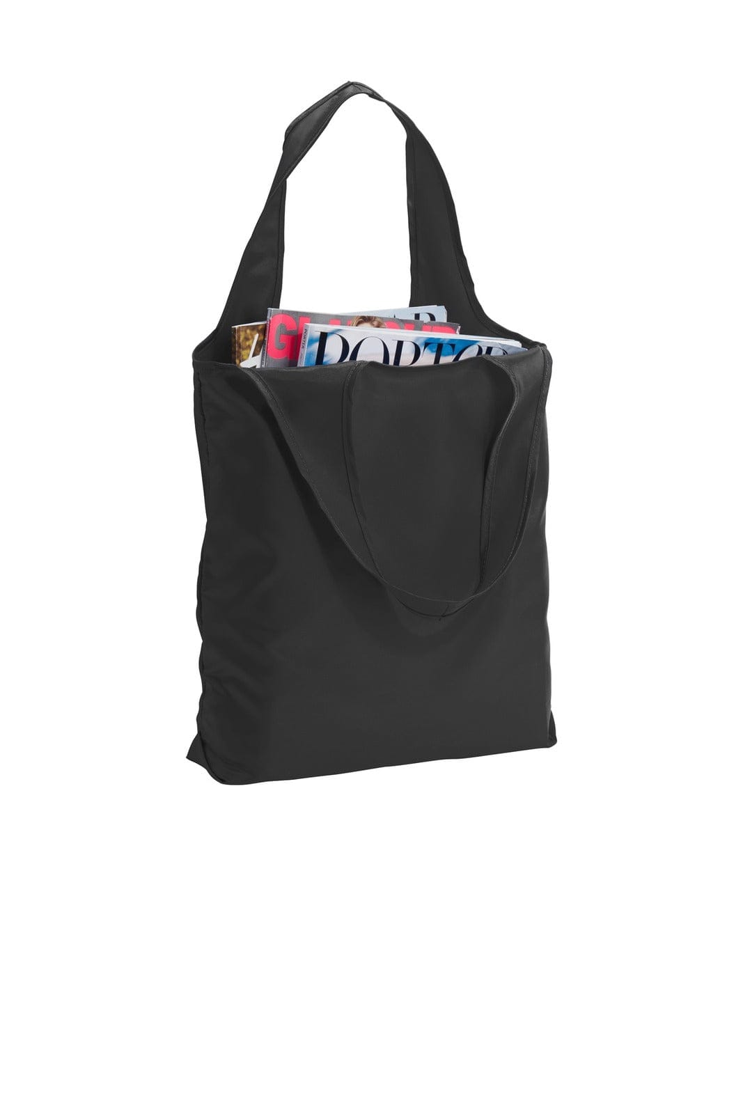 A black tote bag with a spacious main compartment, displaying magazines inside and featuring a logo.