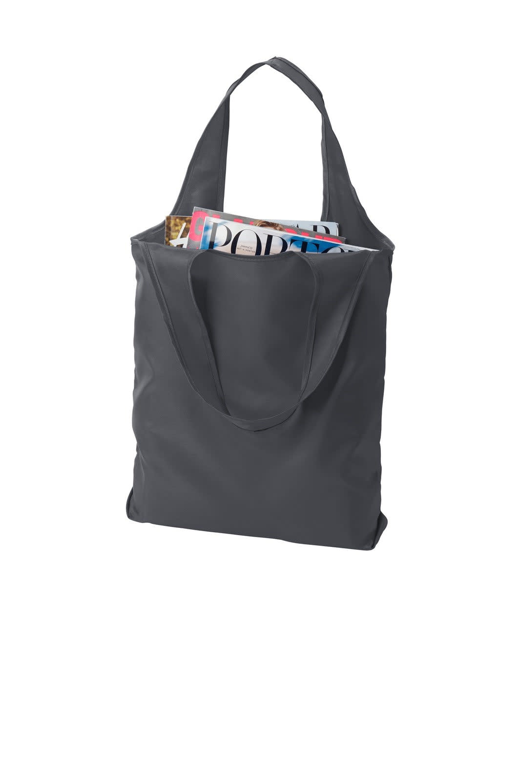 A grey tote bag with two handles, featuring magazines inside and a logo on the front.