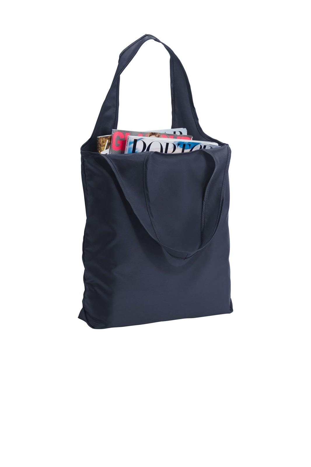 A navy shopper tote bag with a large opening, featuring magazines inside and a logo on the exterior.