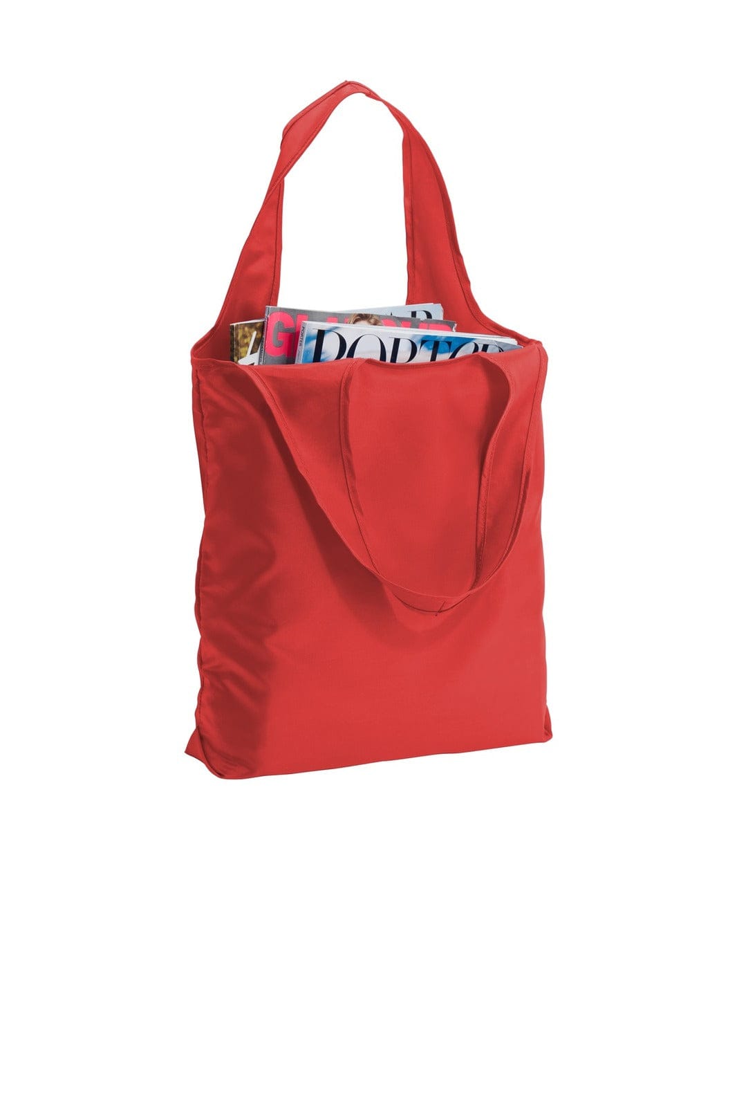 A red tote bag filled with magazines, featuring two sturdy handles and a simple design with a logo.