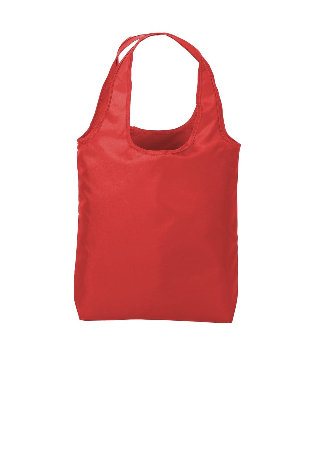 A red tote bag with two shoulder straps and a simple design, featuring a logo.