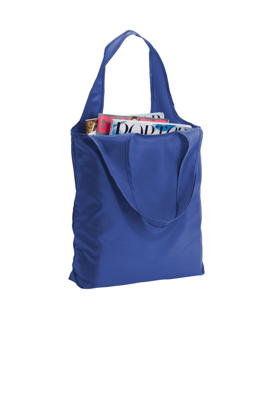 A blue tote bag with two handles, filled with magazines. It features a logo on the front.