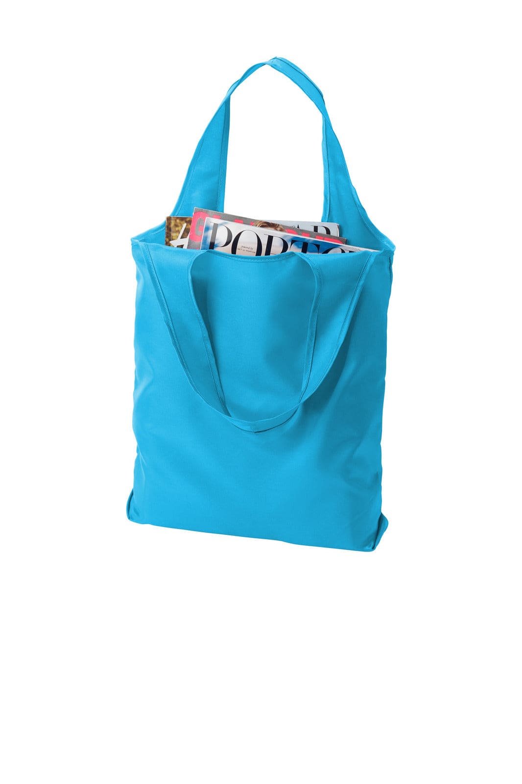 A bright blue tote bag with long handles, filled with magazines, and featuring a small logo.