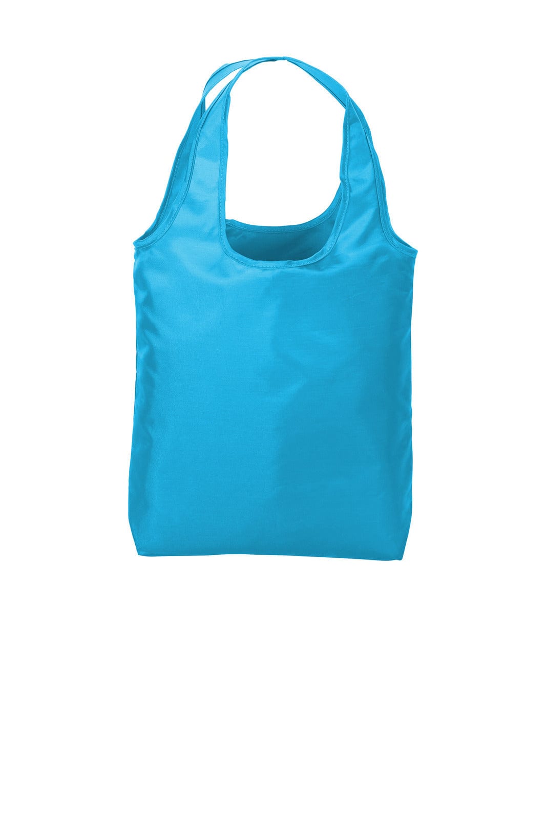 A bright blue tote bag with dual handles, featuring a simple design and a logo on one side.