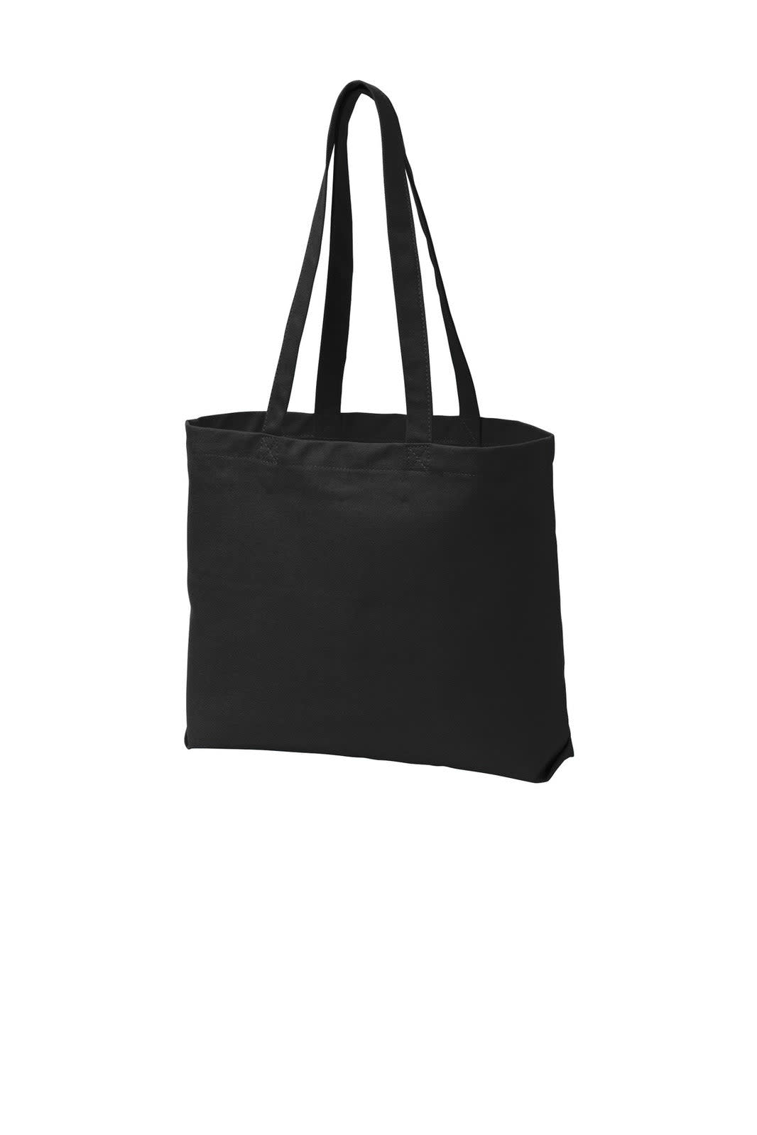 A black tote bag with two long handles and a spacious open design, ideal for carrying various items.