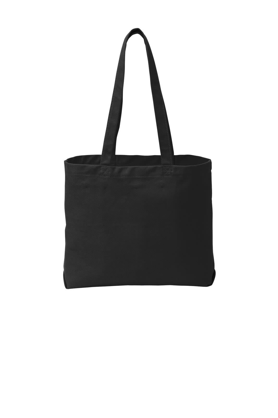 A black tote bag with two shoulder straps and an open top. It features a logo on one side.