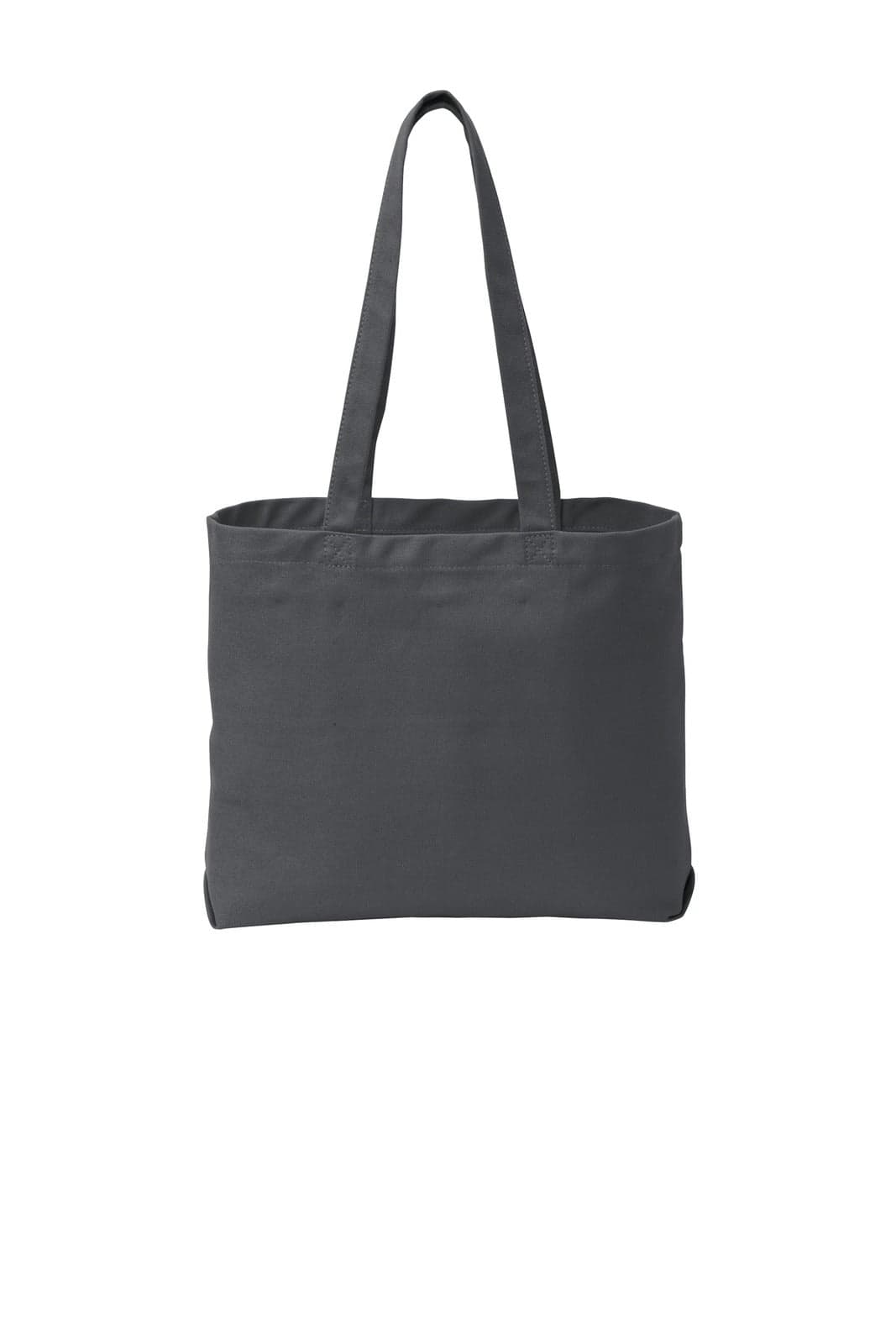 A grey tote bag with long handles and a spacious interior, featuring a logo on one side.