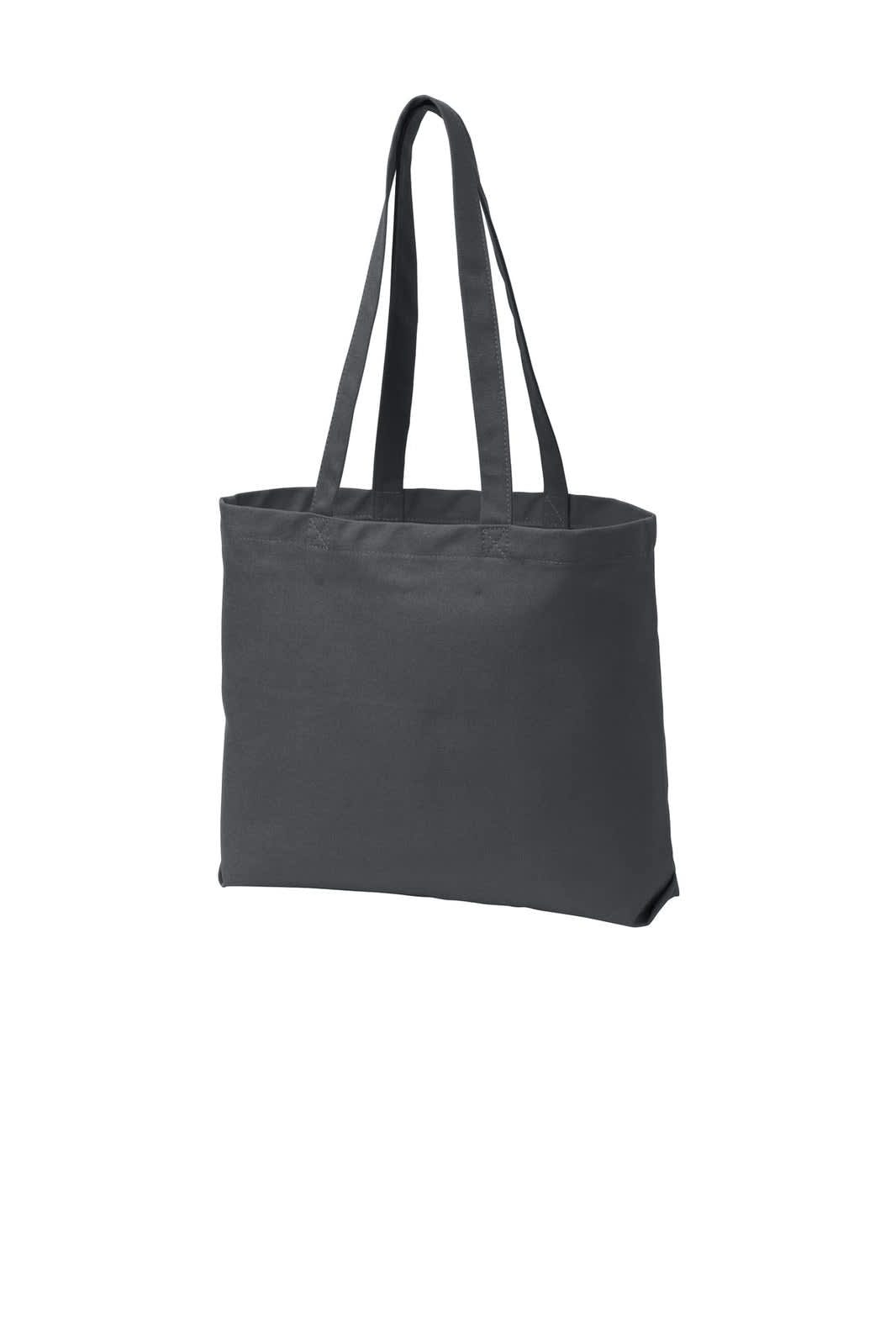 A grey tote bag with long handles, featuring a simple design and a branding logo.