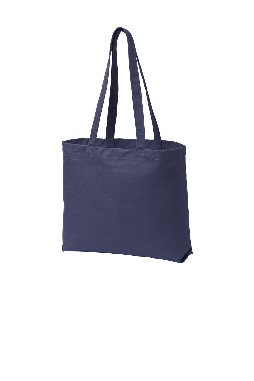 A navy blue tote bag with two handles and a simple design. It features a branding logo.