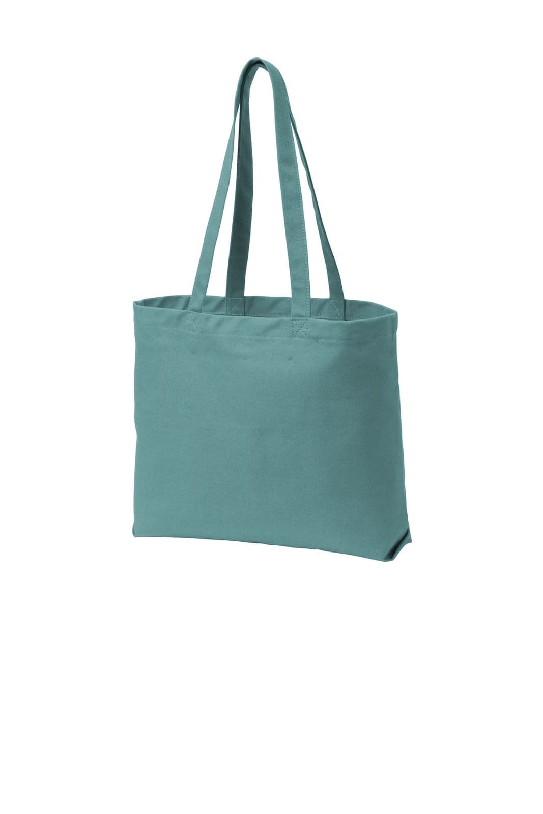 A teal tote bag with two long handles and a simple design, featuring a branding logo.