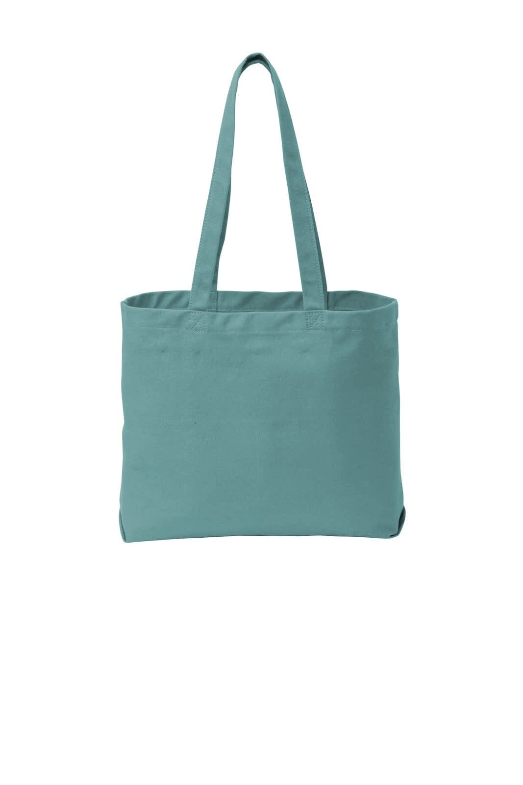 A teal tote bag with two shoulder straps and an interior space, featuring a branding logo.