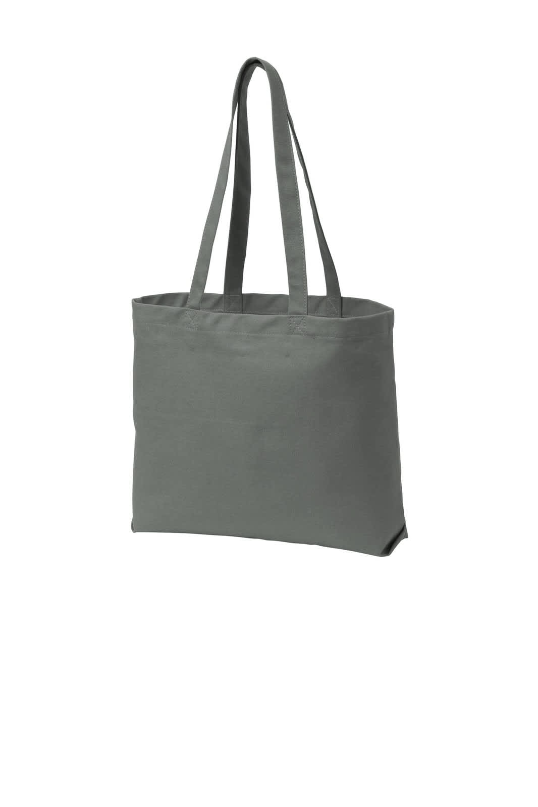 A grey tote bag with two long straps and a simple design, featuring a brand logo.
