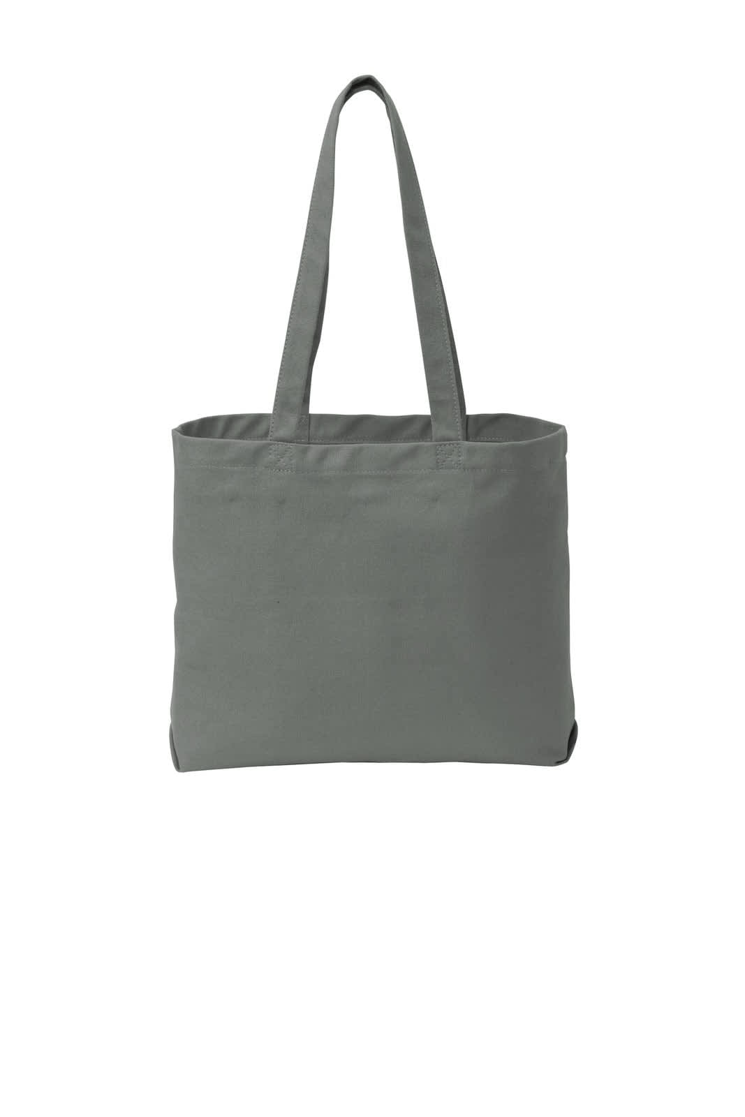 A grey tote bag with two handles and an open top. It has a simple design and features a logo.