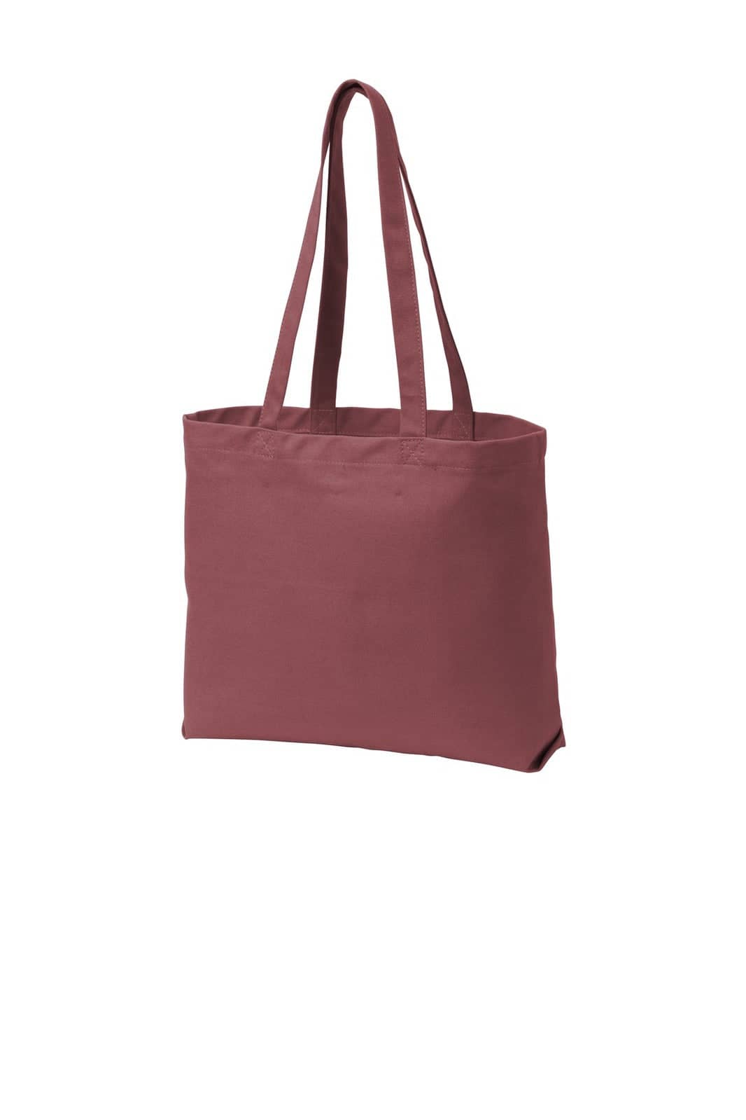 A maroon tote bag with two handles and a simple design, featuring a logo on one side.