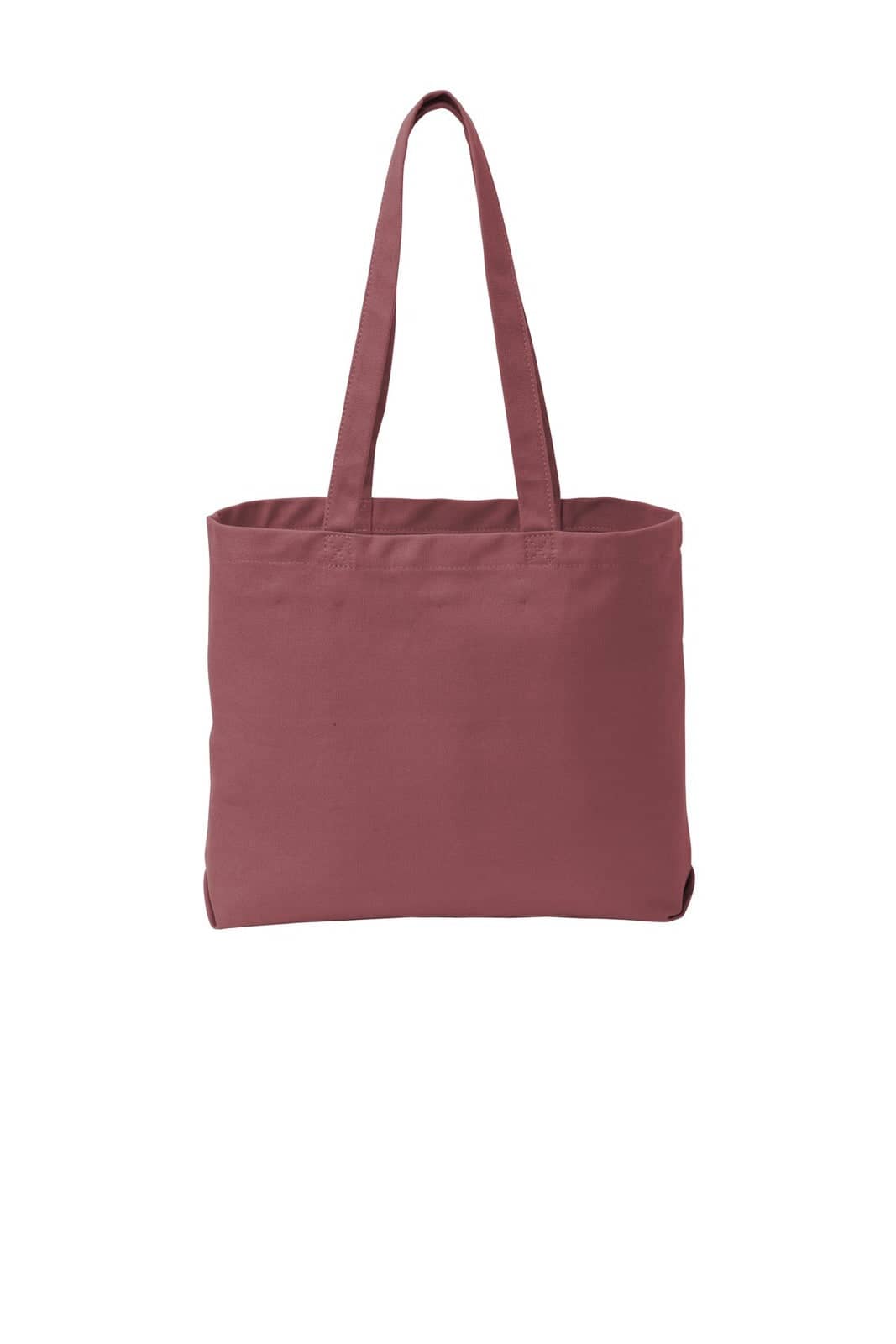 A rose-coloured tote bag with two long handles and an interior space, featuring a logo.