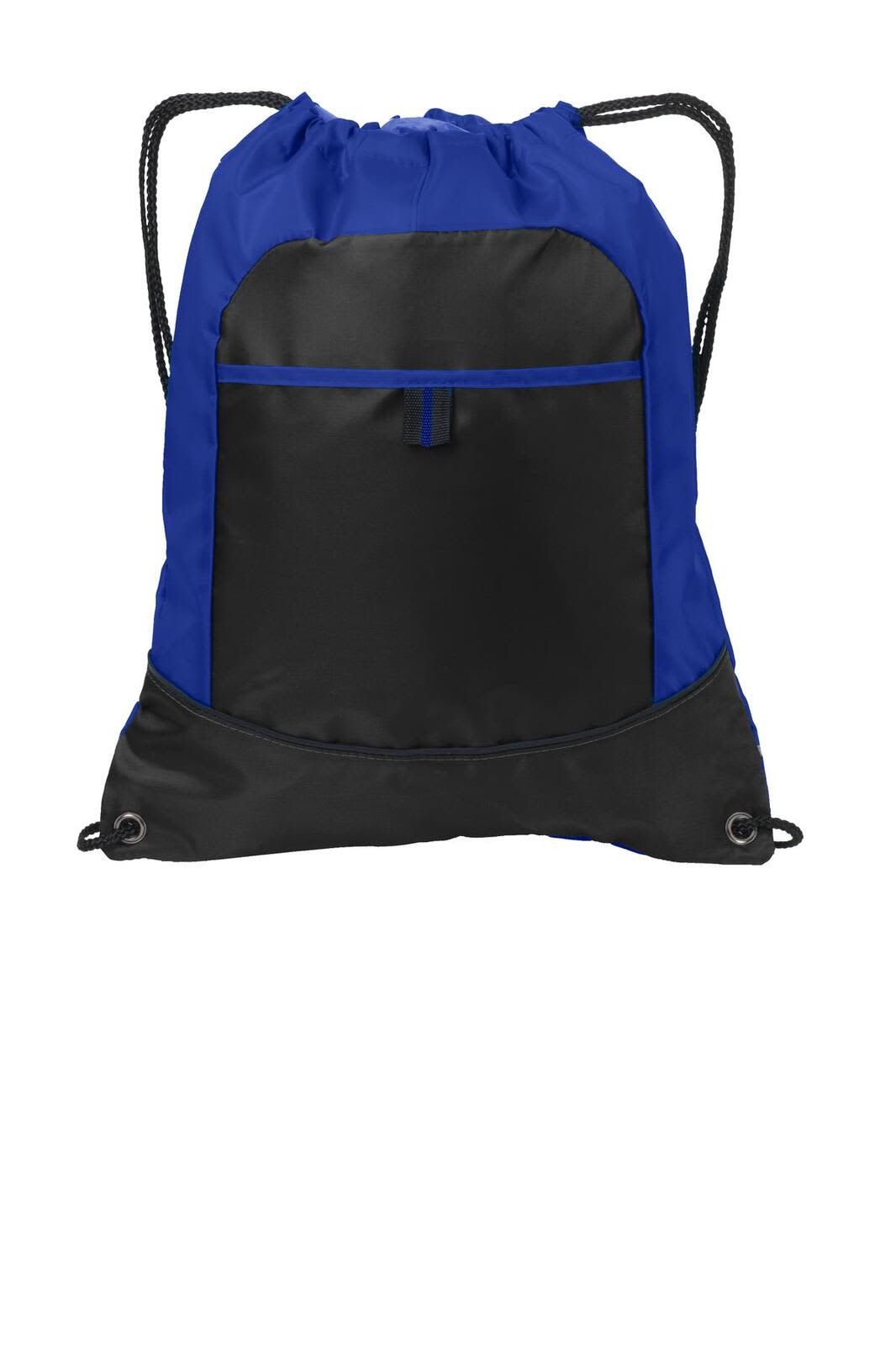 A drawstring bag in blue and black features a front pocket and has a branded logo.
