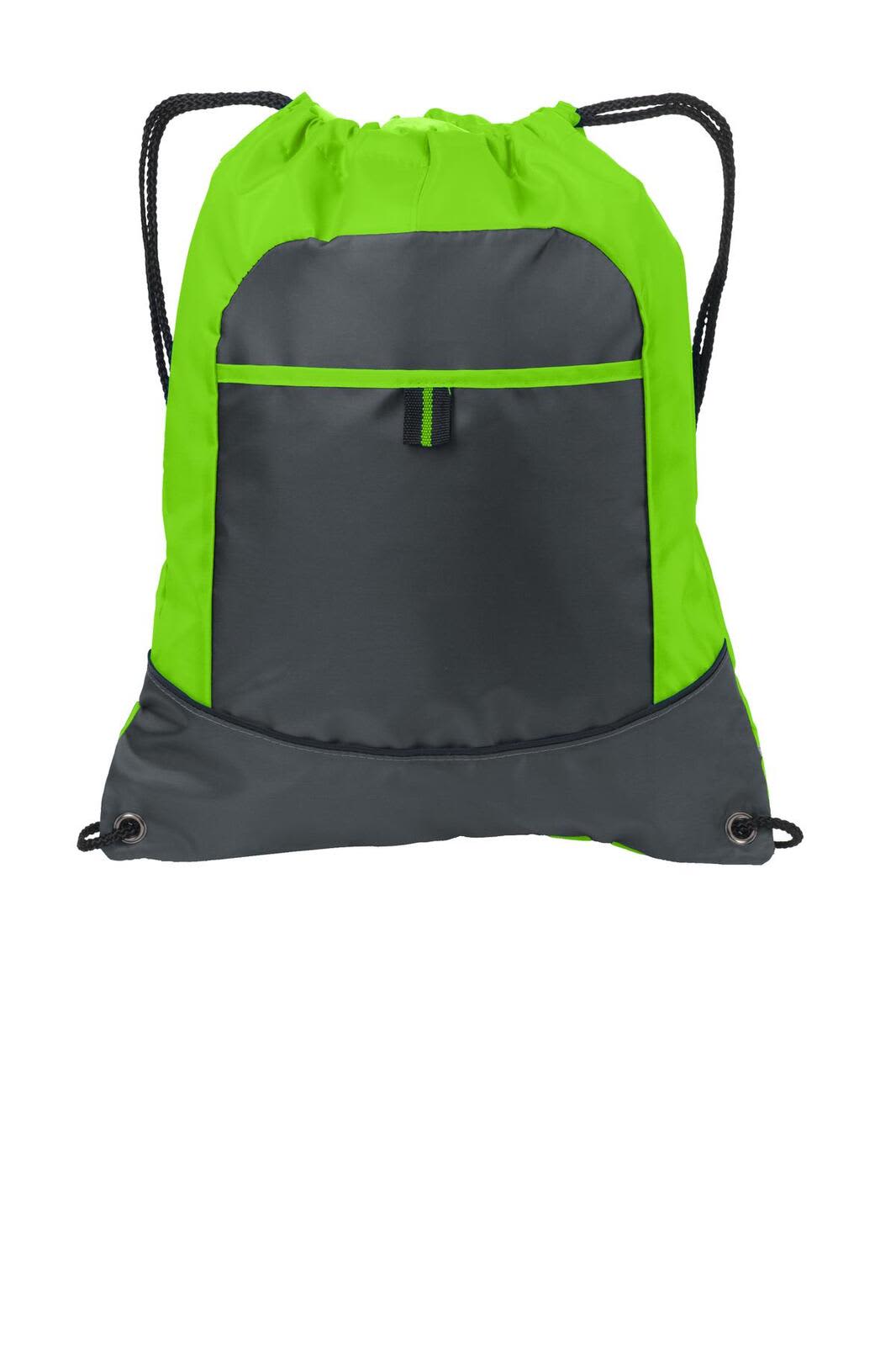 A drawstring bag in bright green and grey with a front zip pocket and black cords. It features a logo.
