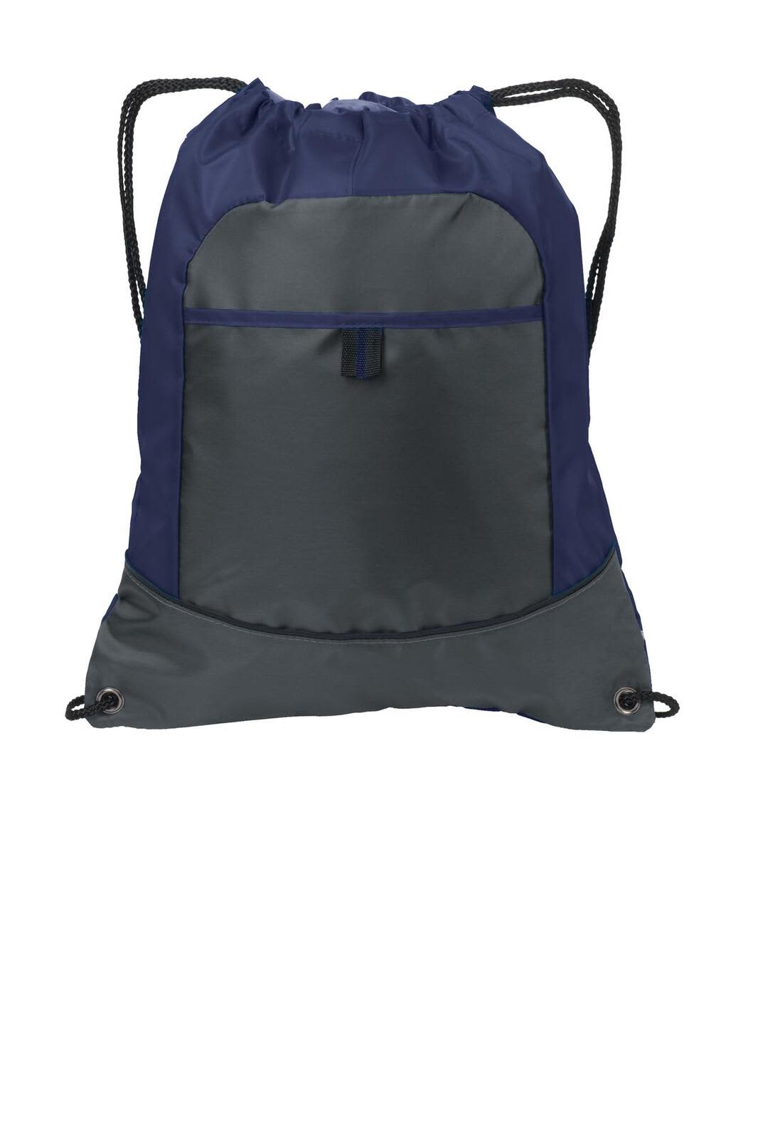 A navy and grey drawstring bag with a front pocket and a logo. Ideal for carrying essentials.