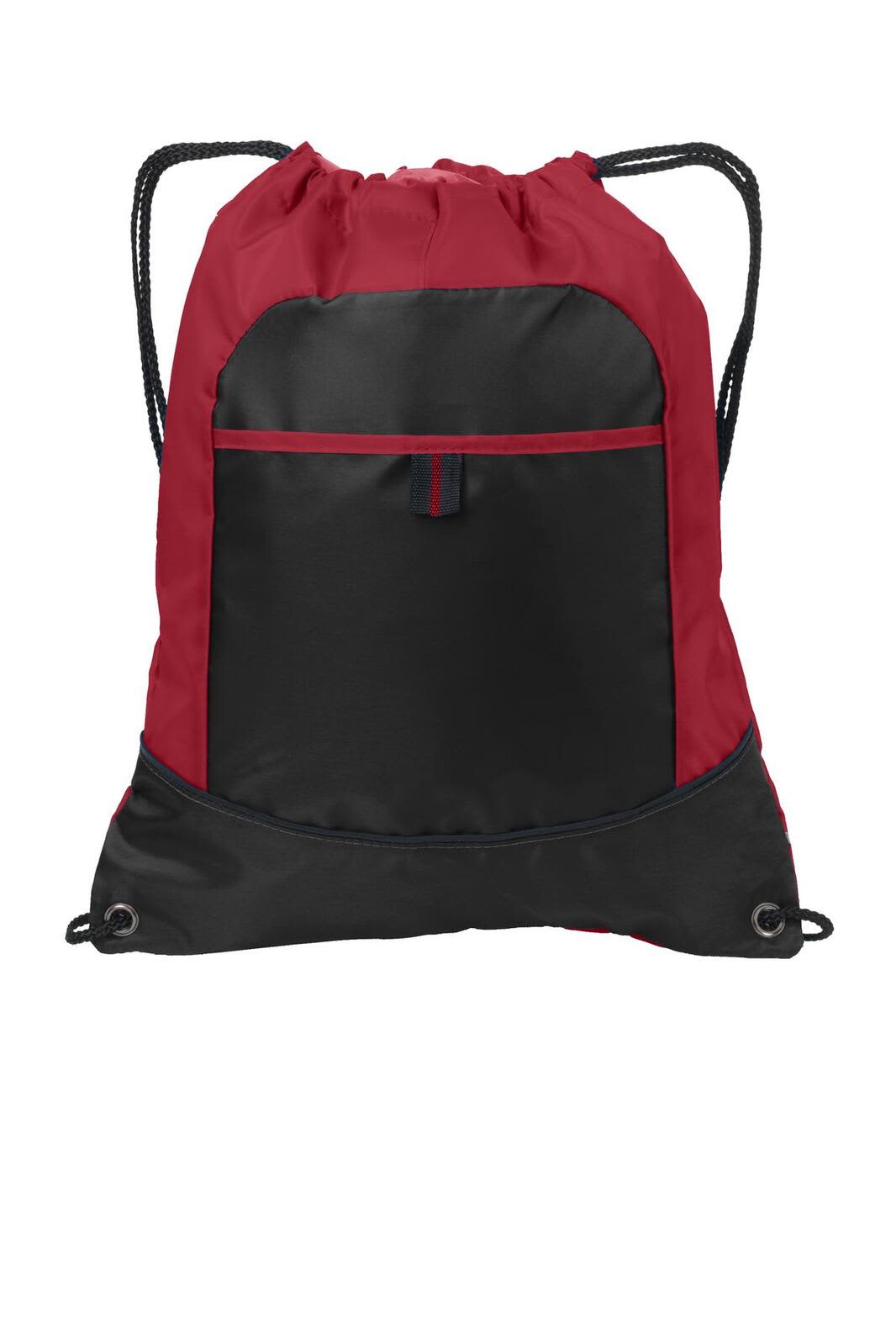 A red and black drawstring bag featuring a front pocket and black accents. It has a logo on one side.