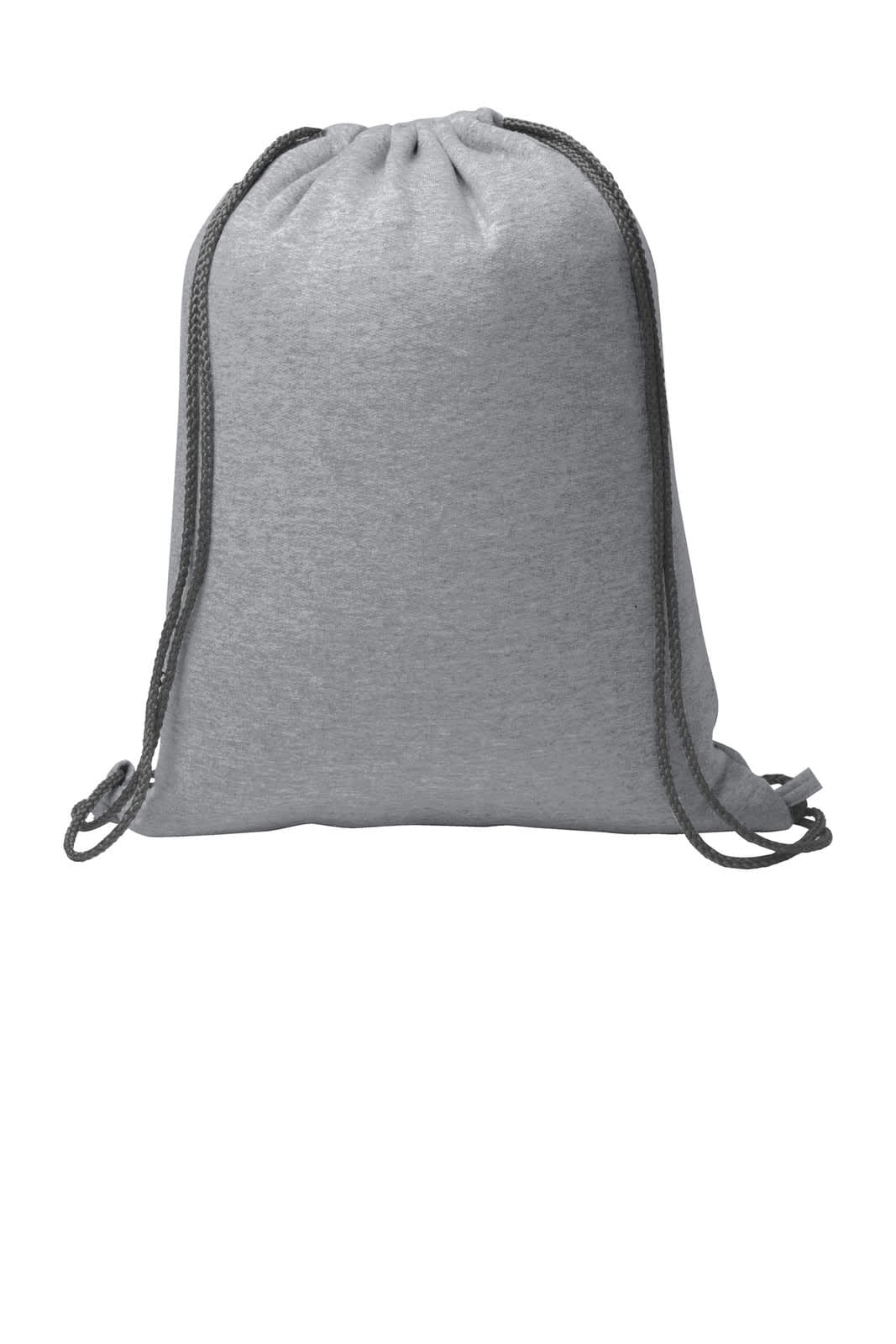 A grey drawstring bag with matching cords, featuring a simple design and logo.