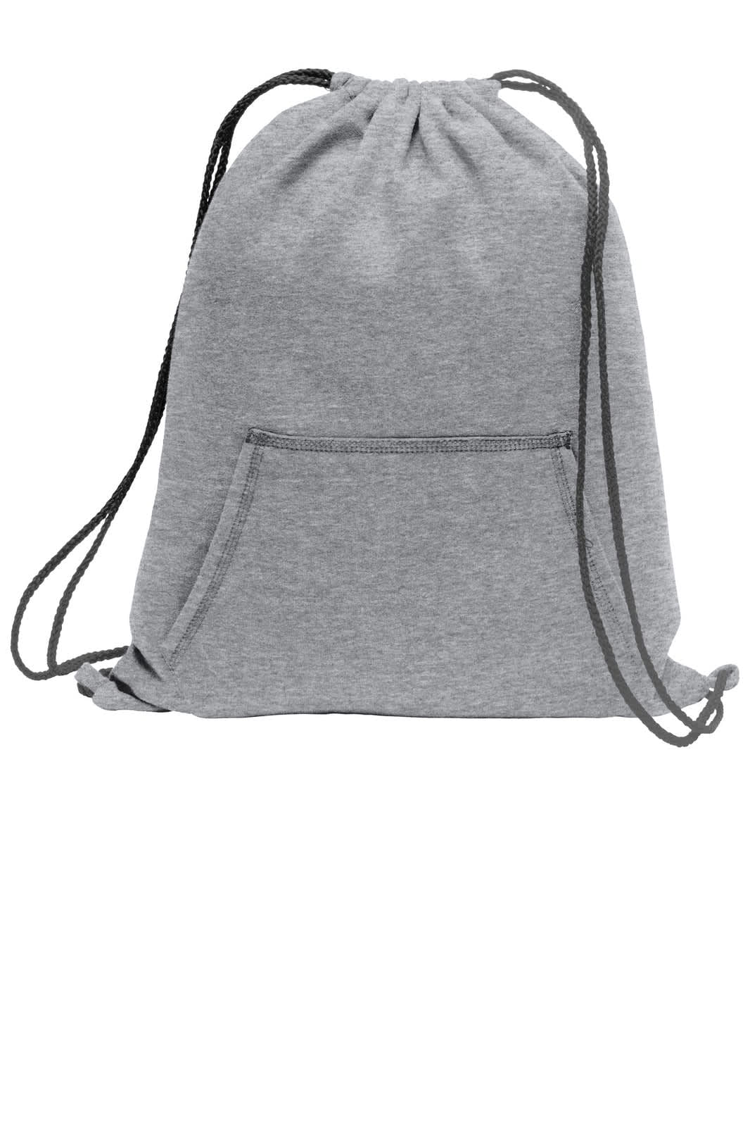 A grey drawstring bag made from fleece material featuring a front pocket and black drawstrings.