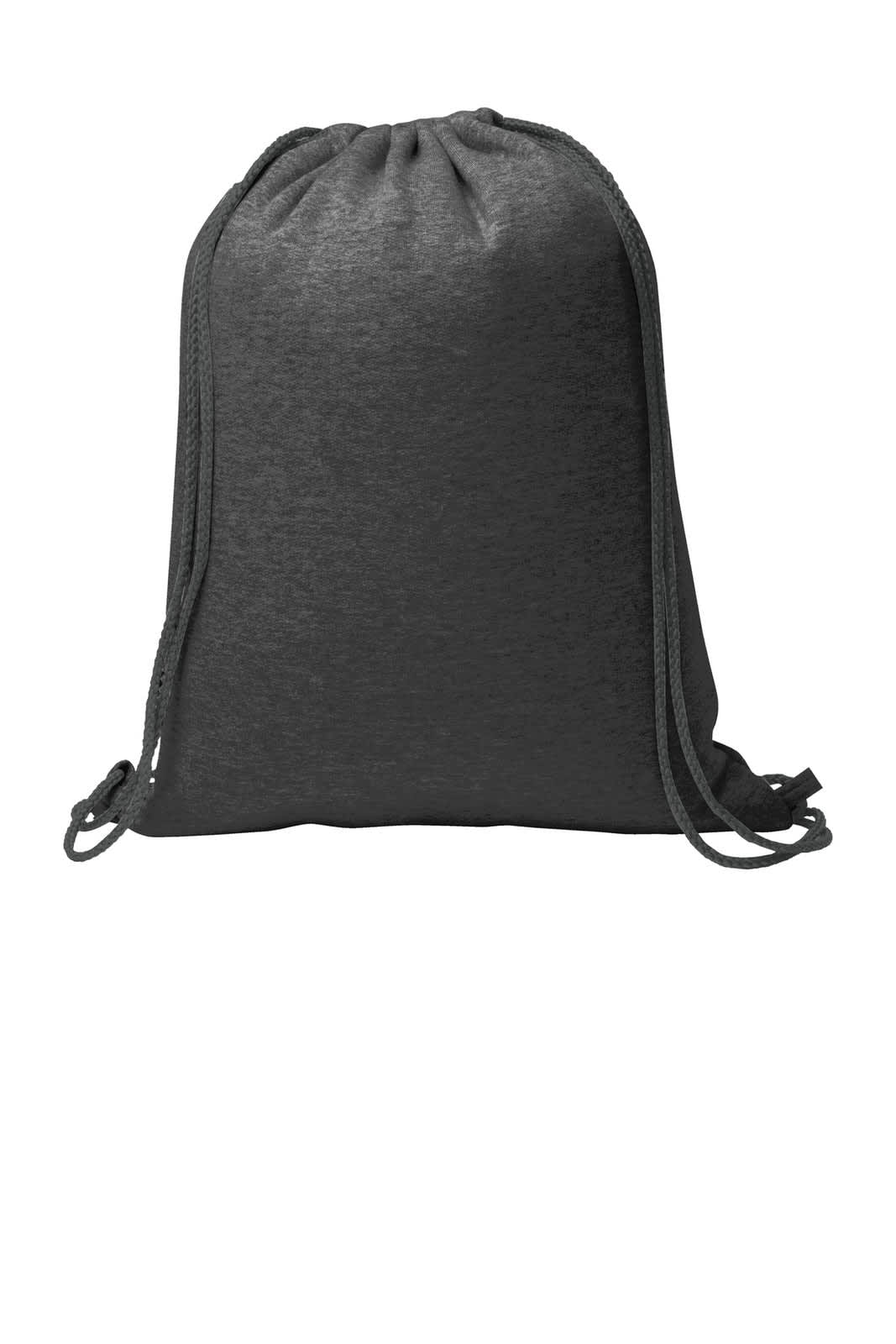 A grey drawstring backpack with a cinched top and two shoulder cords. It features a logo.