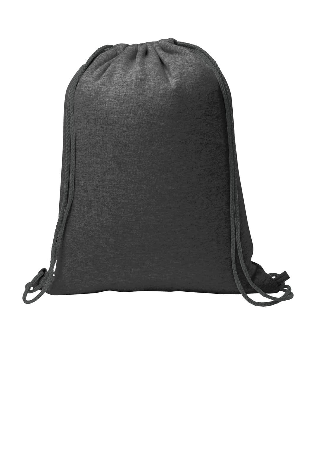 A drawstring bag in dark grey fabric featuring a logo. Suitable for casual use.