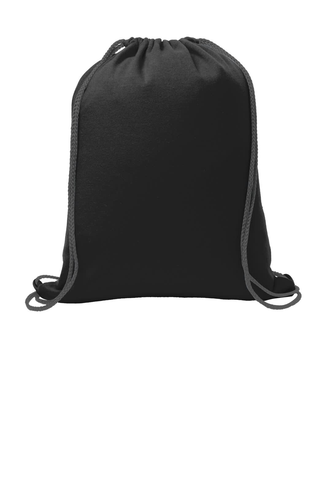 A black drawstring bag featuring a cinch closure and matching drawstrings, made from fleece material.