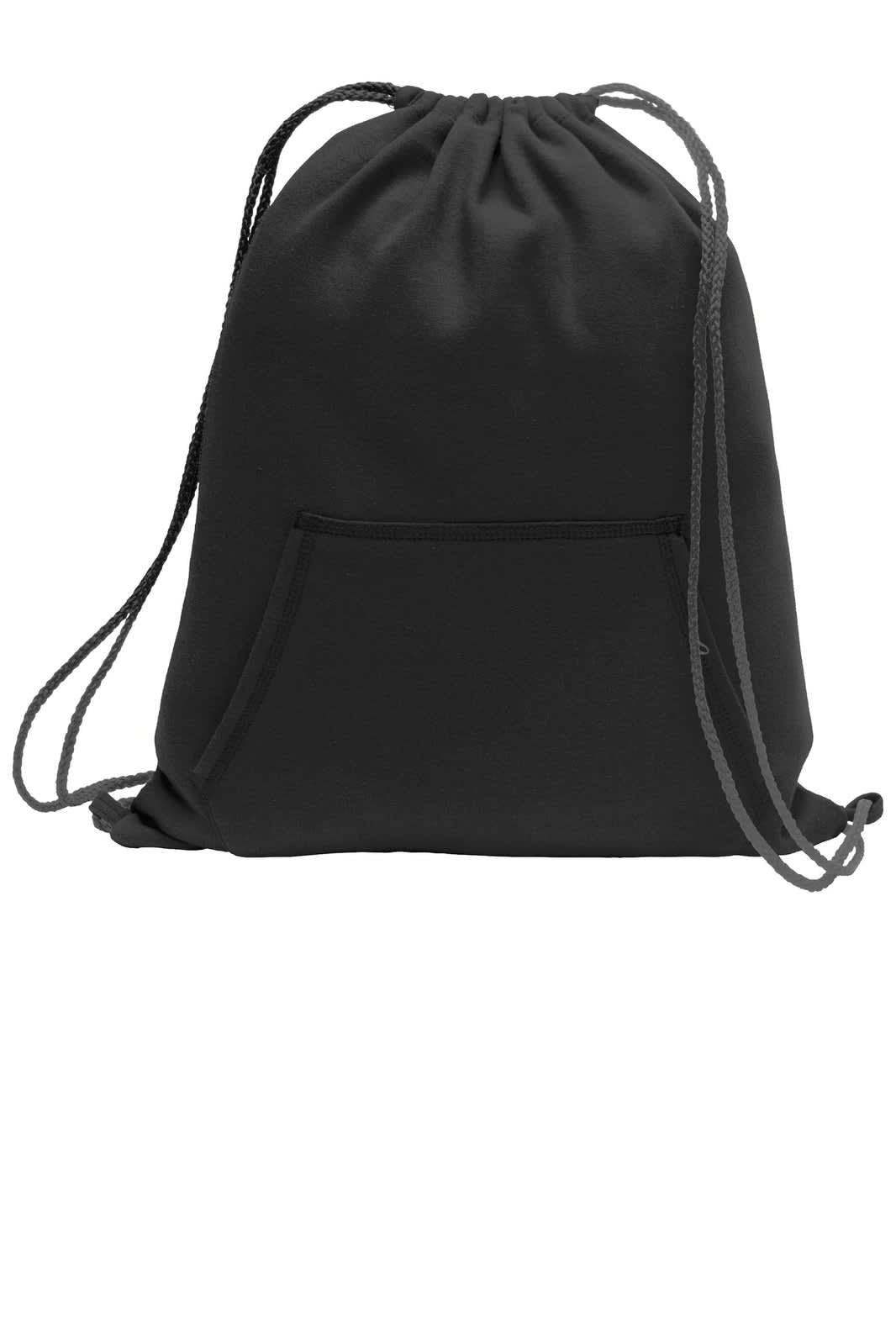 A black drawstring bag features a pouch and adjustable shoulder straps. It has a logo on the front.
