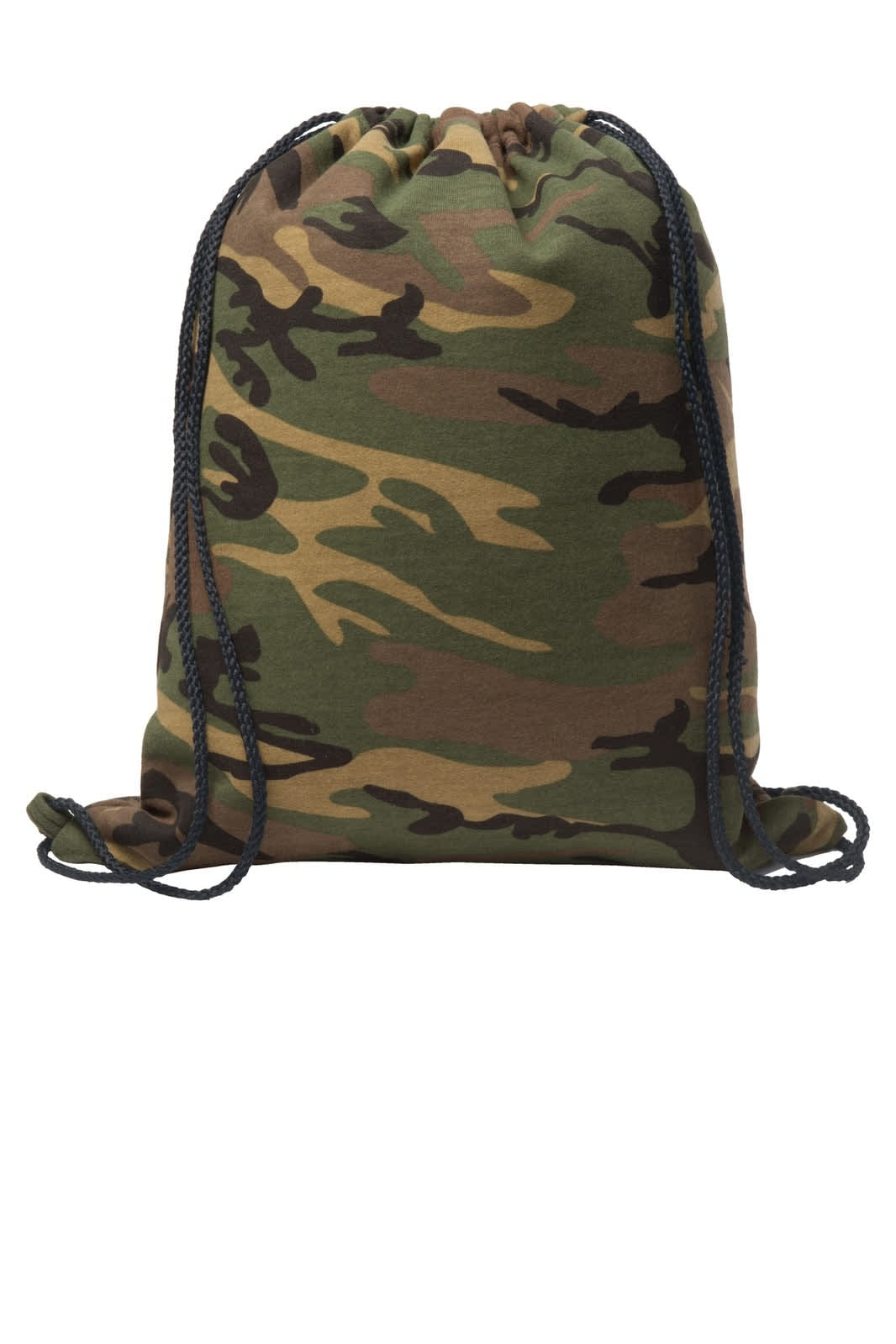 A camo drawstring bag in green and brown with black straps, featuring a logo.