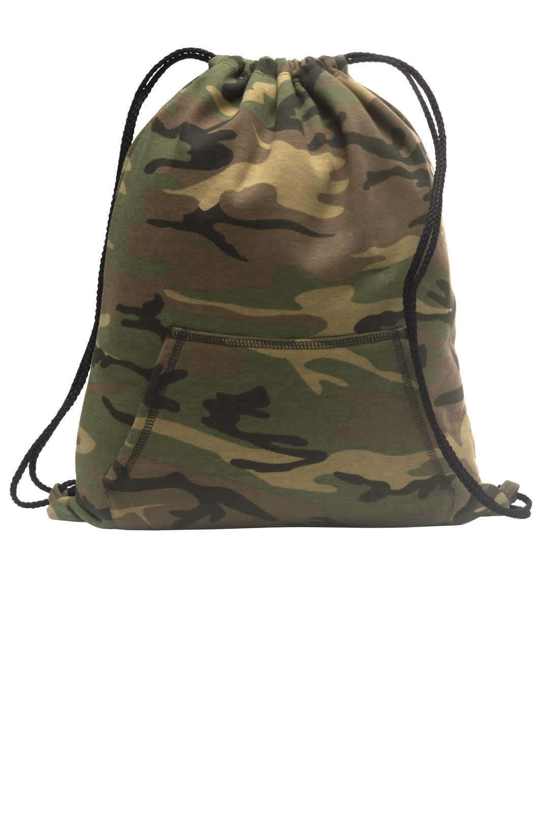 A camouflage drawstring bag with a front pocket and black cord straps. It features a logo on the front.