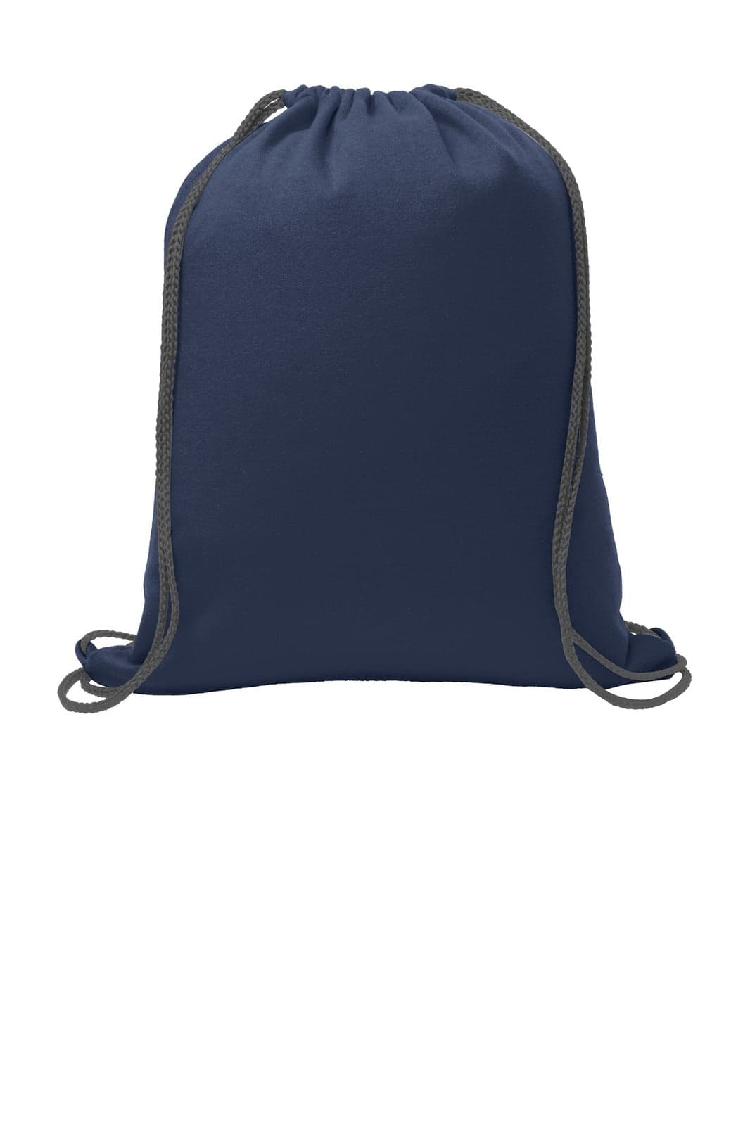 A navy fleece drawstring bag with grey cords, featuring a branded logo.