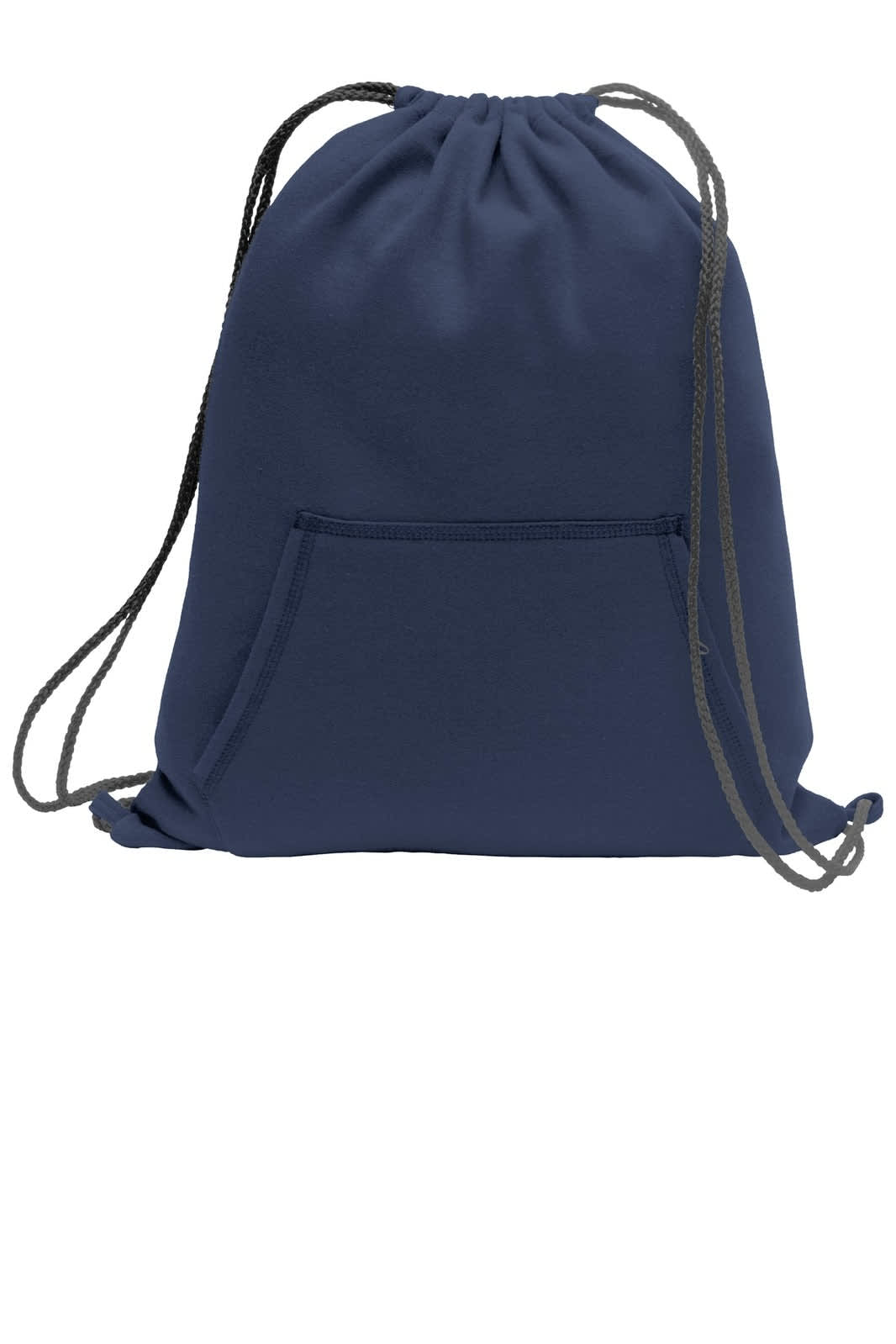 A navy drawstring bag with a front pocket and black cords, ideal for carrying essentials.