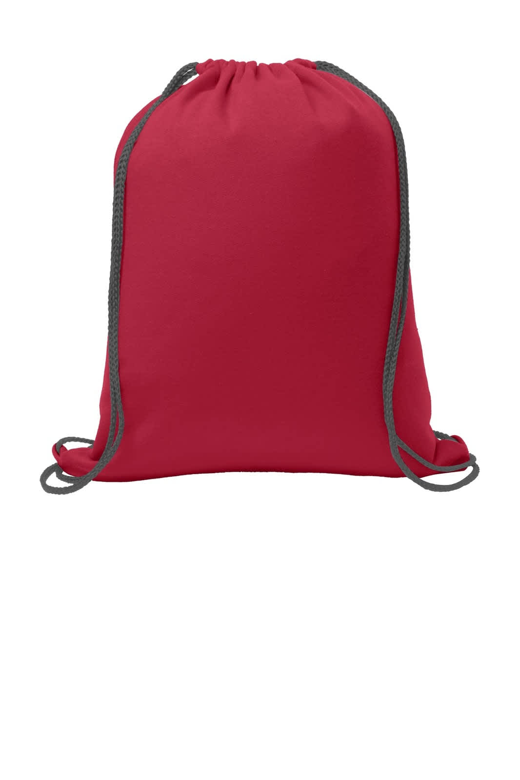 A red drawstring bag with grey cords, featuring a logo on the front.
