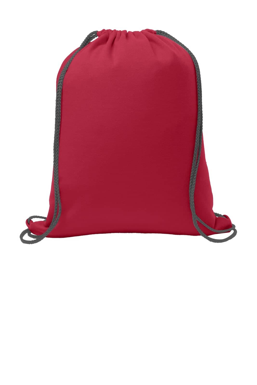 A red drawstring backpack with grey cords, featuring a simple, solid design. It has a logo on the front.