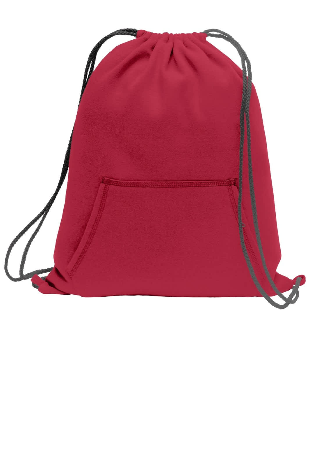 A red drawstring bag featuring a front pocket and dark drawstrings. It has a logo on the side.