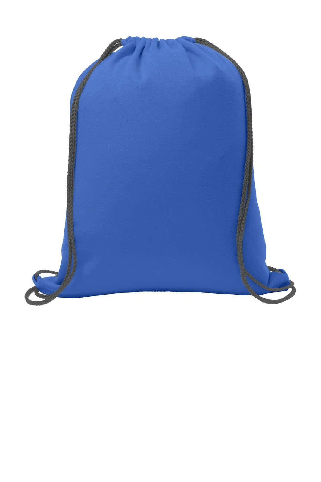 A blue drawstring bag made of fleece material with grey drawstrings and no visible branding.