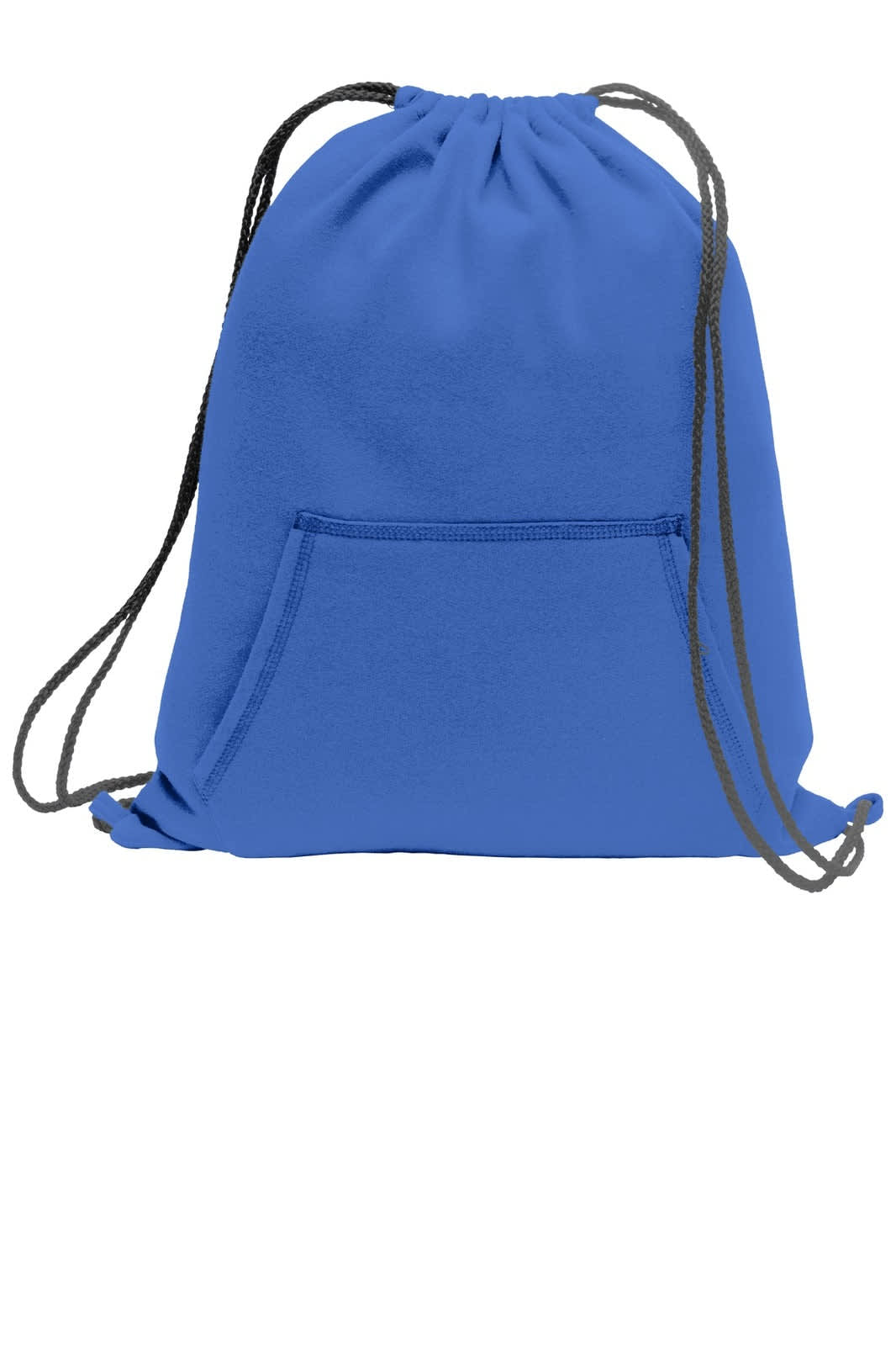 A blue drawstring bag with a front pocket and black cords. It features a logo on the front.
