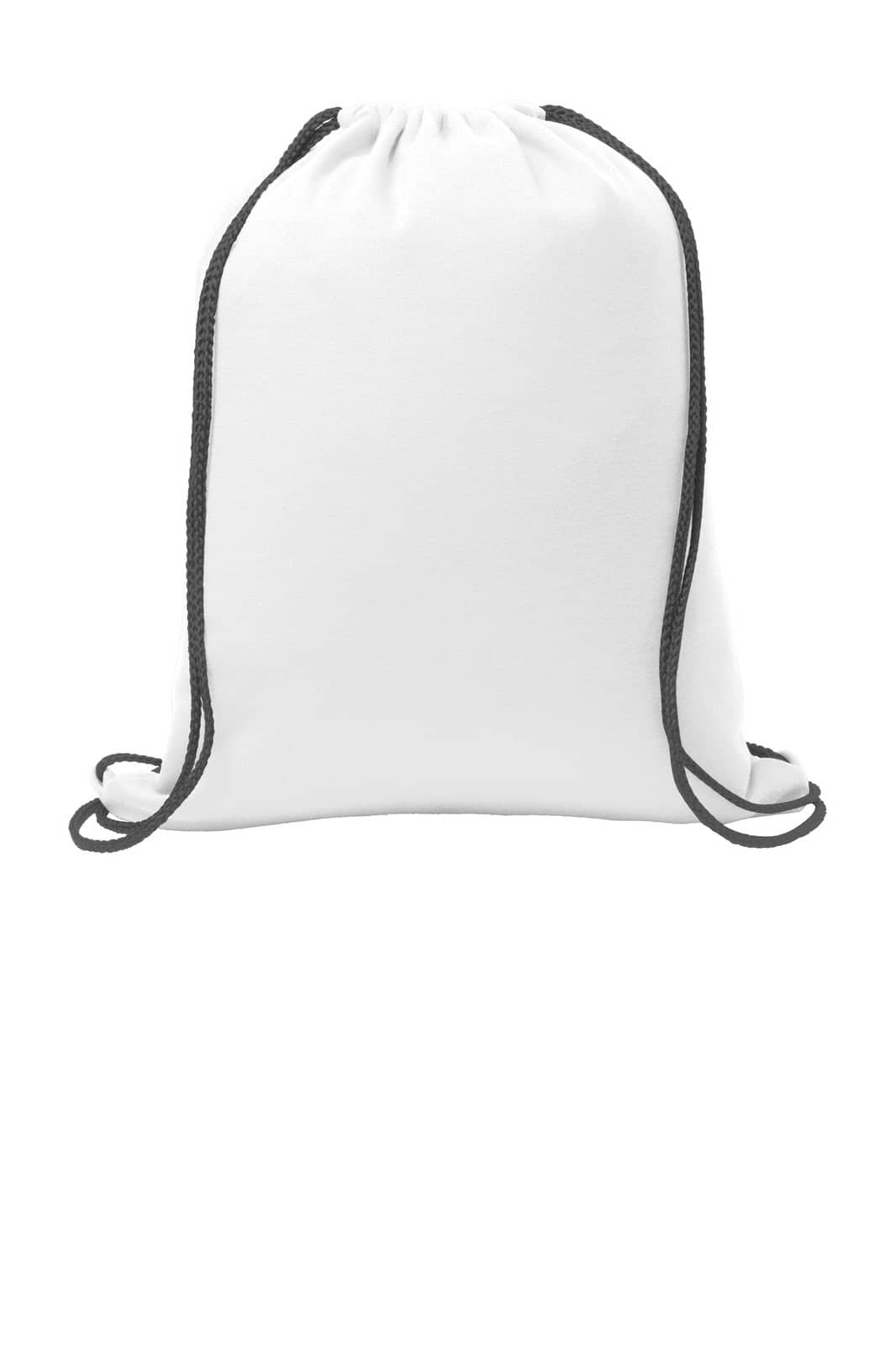 A white drawstring bag with black cords and a small logo at the top.