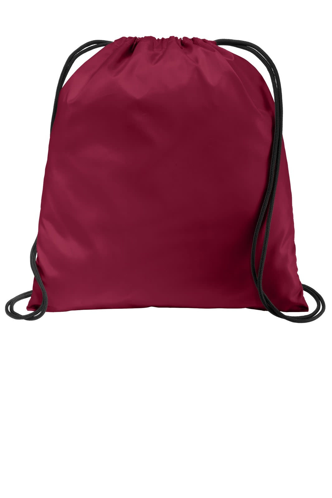 A maroon drawstring bag with black cords, featuring a simple design and a logo.