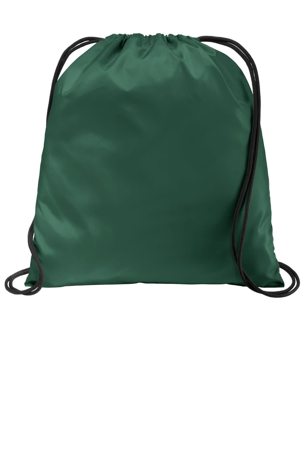 A green drawstring bag with black cords and a simple design. It features a logo on the front.