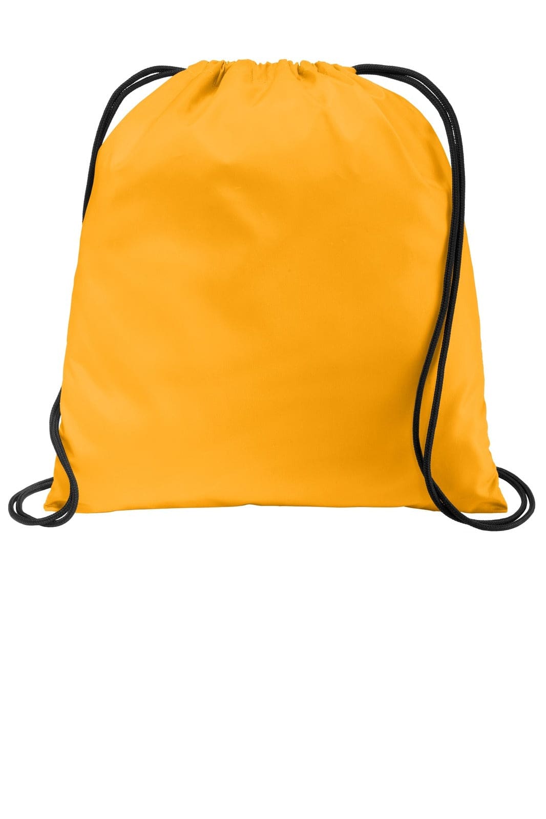 A yellow drawstring bag with black cords and a logo. Ideal for carrying essentials.