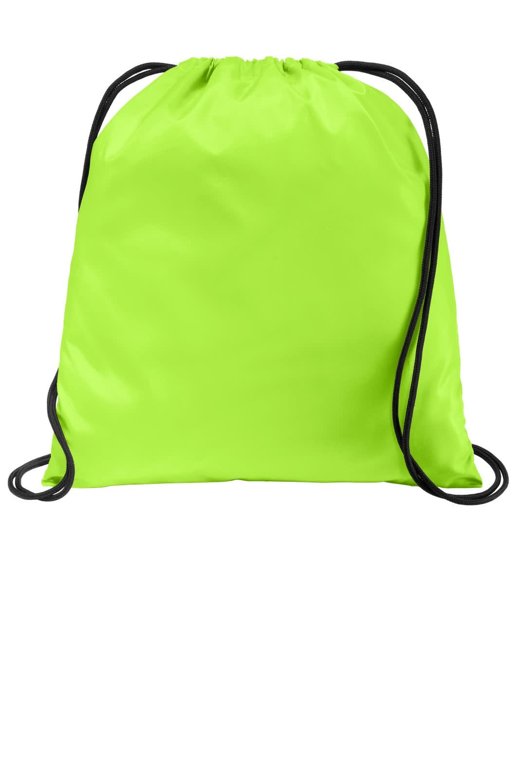 A lime green drawstring bag with black cords, featuring a logo on the front.