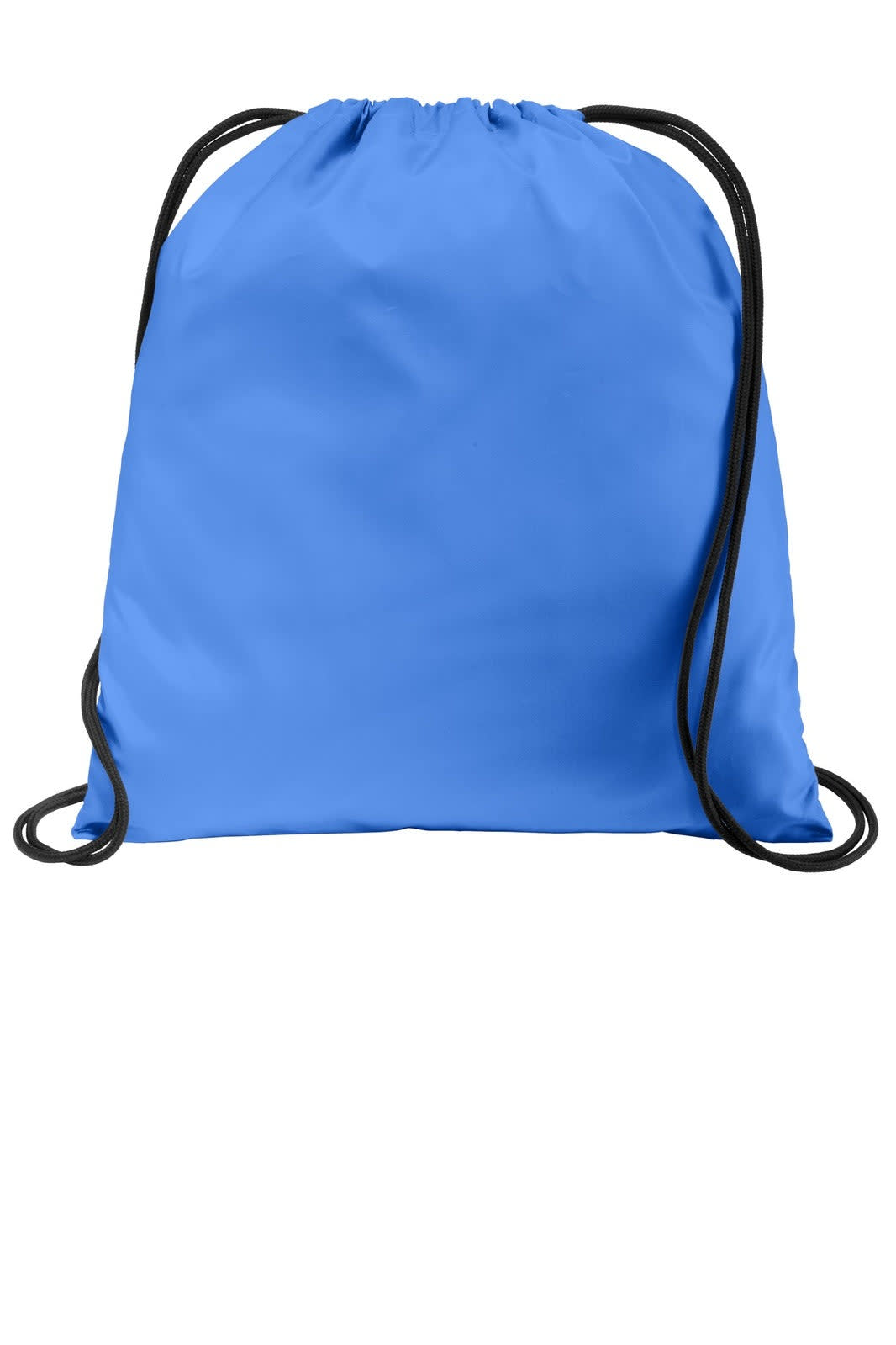 A blue drawstring bag with black cords and a simple logo. Ideal for carrying personal items.