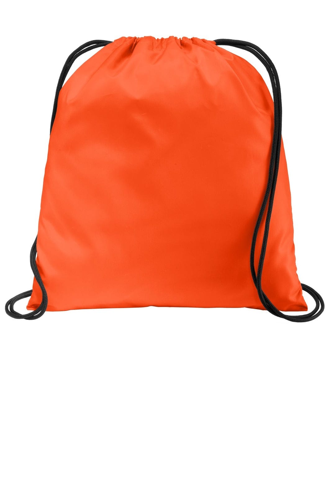 An orange drawstring bag with black cords, featuring a logo on the front.