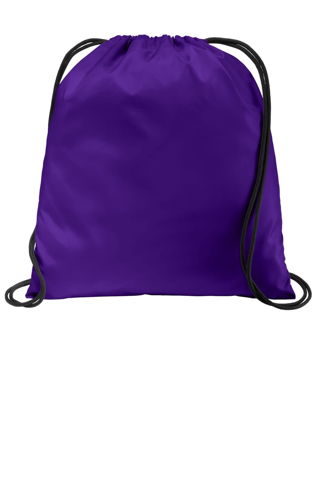 A purple drawstring bag with black cords and a simple design, featuring a logo.